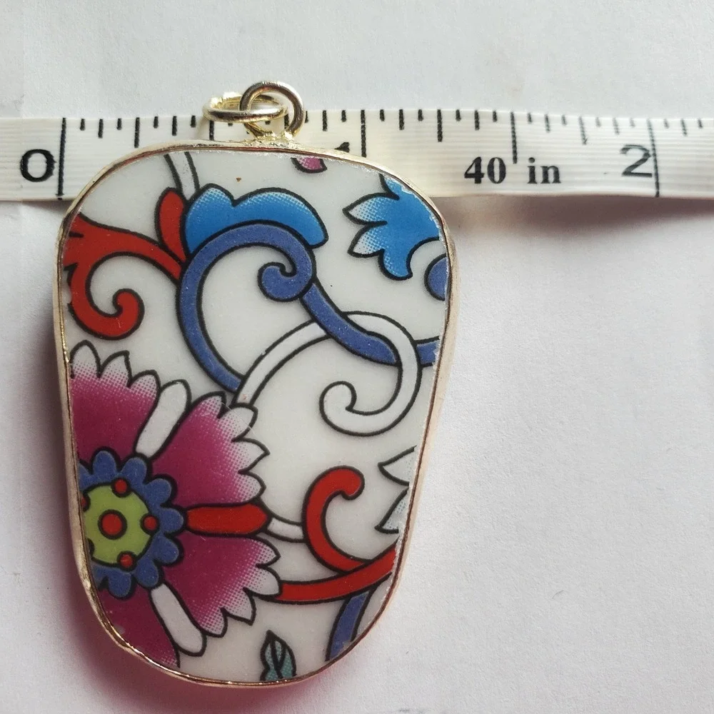 Floral Flourish‎ Chinoiserie Pendant Pink Blue Porcelain Pottery Shard Jewelry